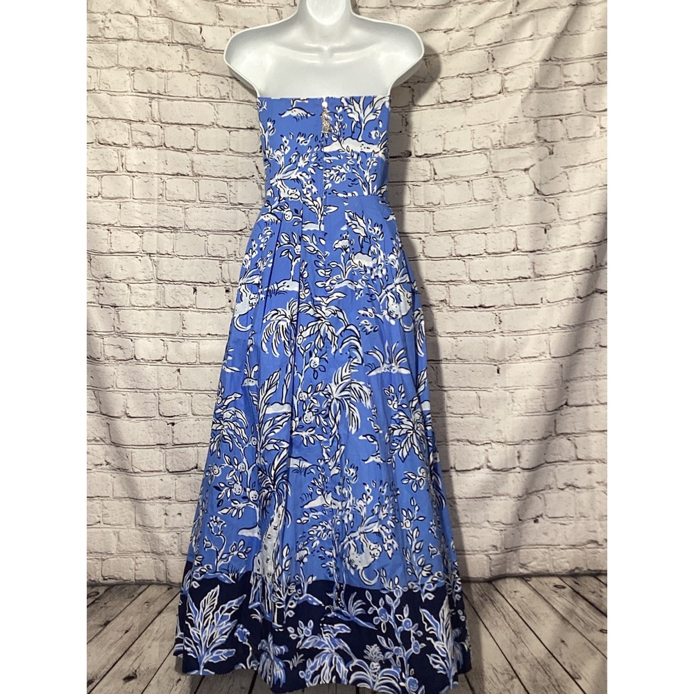 Lilly Pulitzer Kenni Midi Dress Sunwashed Blue Tall Tales Strapless Pockets 12 - Picture 4 of 11